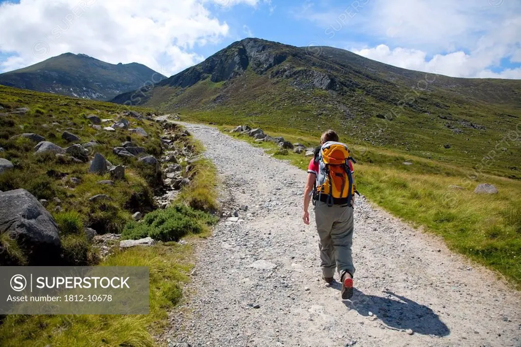 Mourne Mountains, Co Down, Ireland, Hiker on the Trassey Track