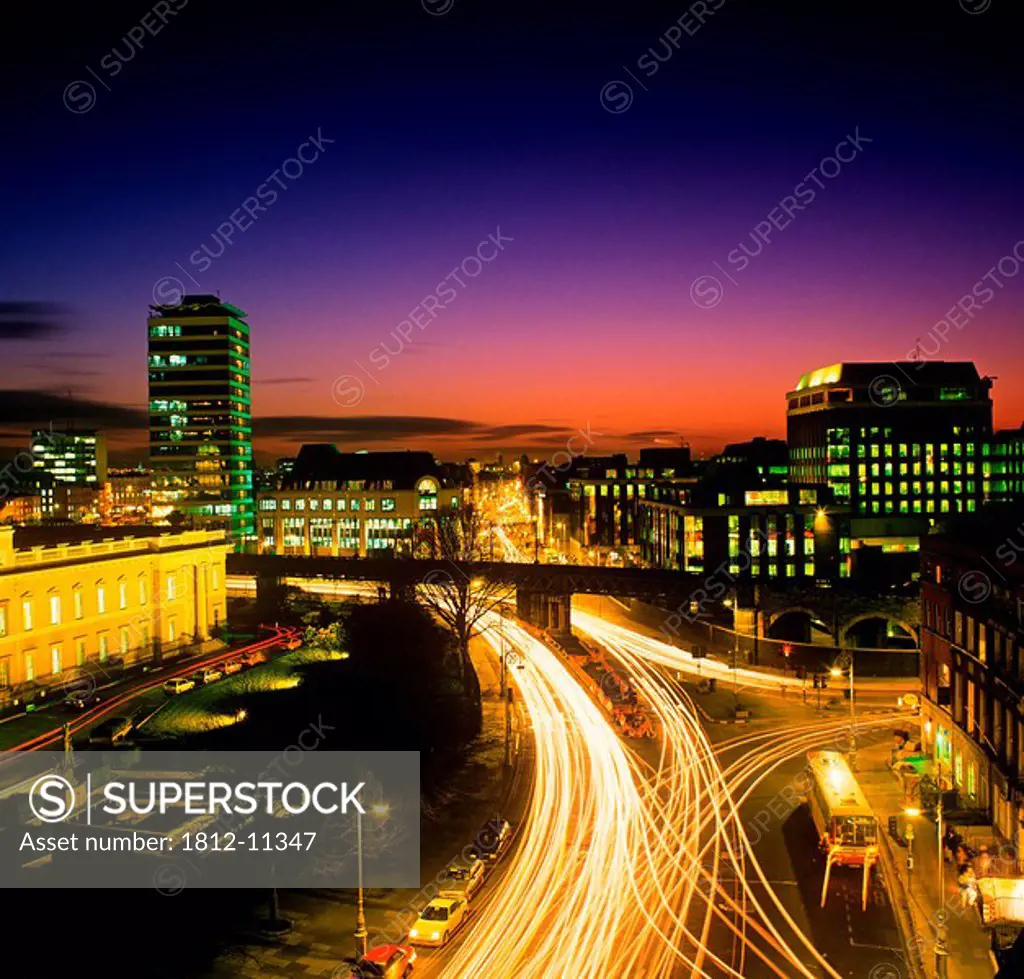 High Angle View Of Traffic Moving In A City At Dusk, Dublin, Republic Of Ireland