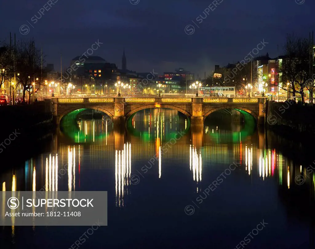 O´connell Street Bridge, River Liffey At Night, Dublin, Ireland