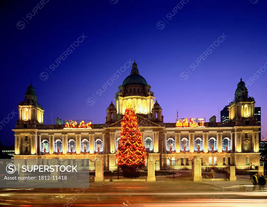 Christmas Tree Lit Up In Front Of Belfast City Hall, Belfast, Ireland
