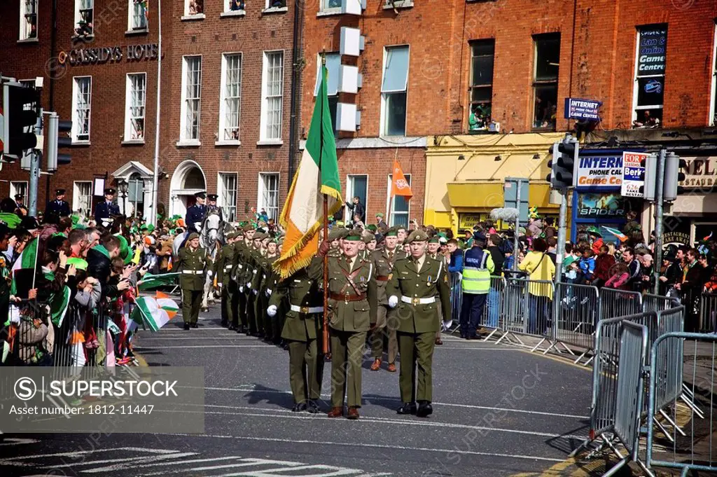 Dublin, ireland, soldiers walking in a parade on o´connell street