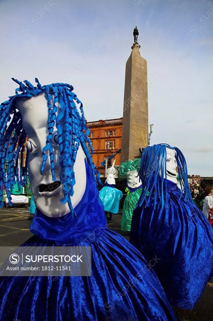 Dublin, ireland, people in costumes on o´connell street in a parade