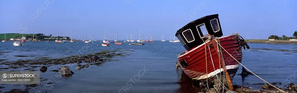 Boat Moored In The Sea, Strangford Lough, Ards Peninsula, County Down, Northern Ireland