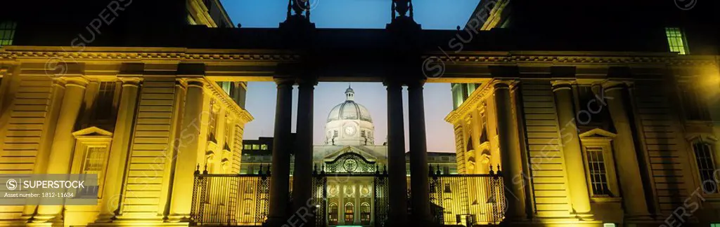 Facade Of A Government Building Lit Up At Night, Leinster House, Dublin, Republic Of Ireland