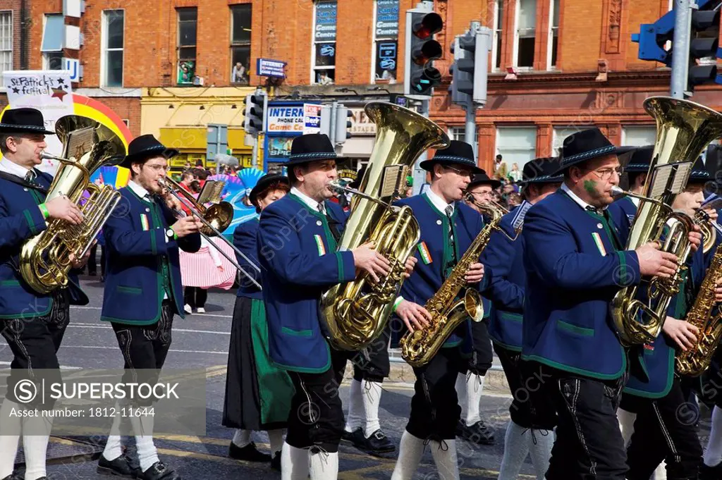 Dublin, ireland, musicians play tubas in a parade on o´connell street