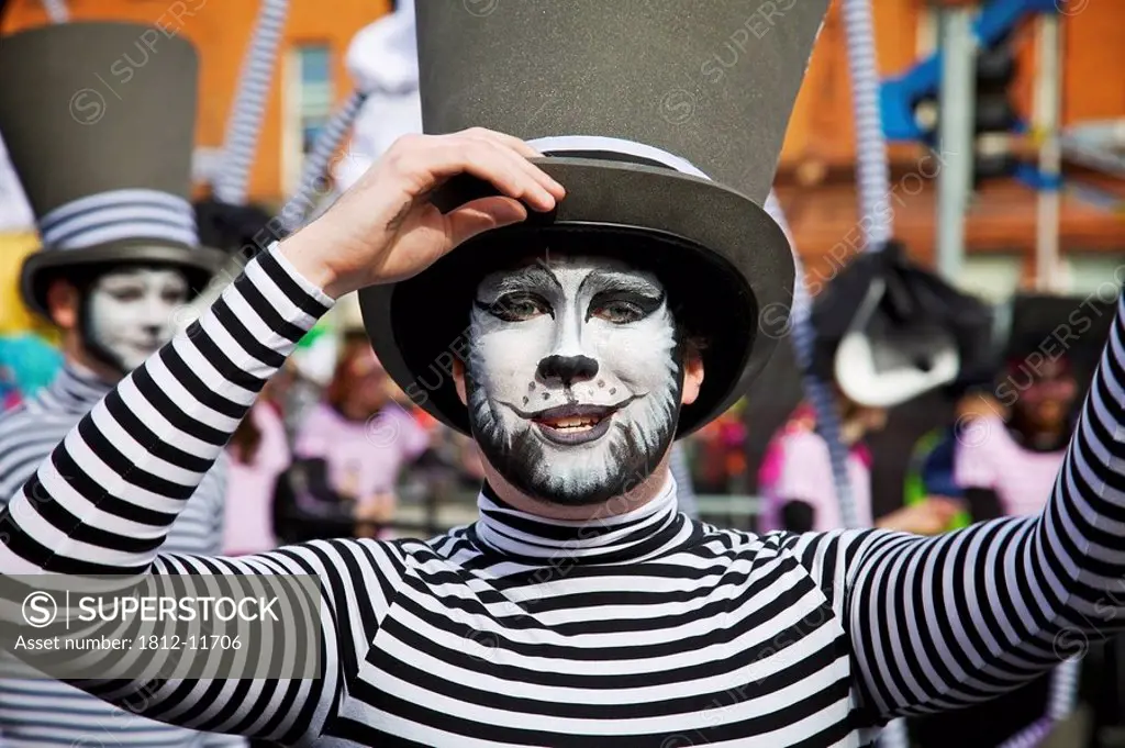 Dublin, ireland, a person dressed in a cat costume on o´connell street in a parade