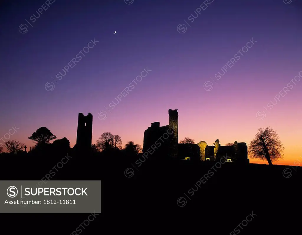 Silhouette Of St. Patrick´s Church And A Franciscan Monastery On The Hill Of Slane, County Meath, Republic Of Ireland