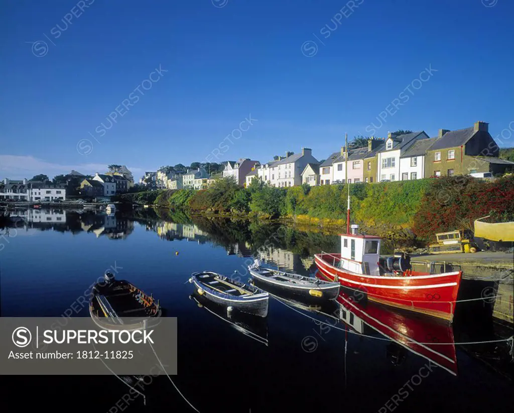 Boats Moored At A Harbor, Roundstone Harbor, Connemara, County Galway, Republic Of Ireland