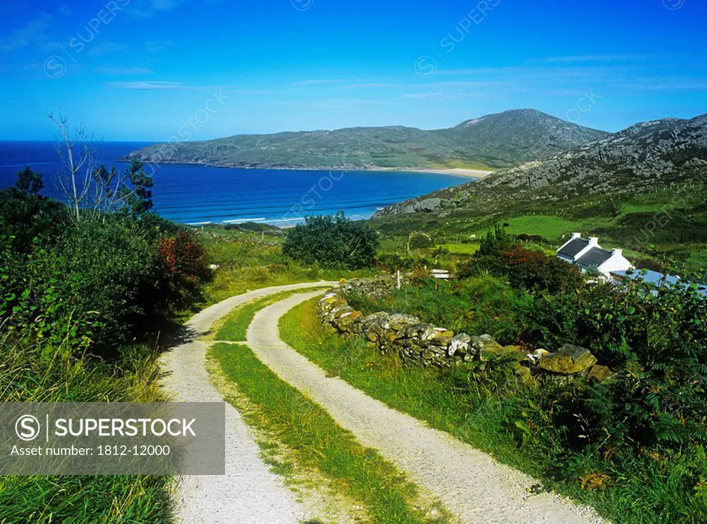 Dirt Road Passing Through A Landscape, Rosguill Peninsula, Tranarossan Bay, County Donegal, Republic Of Ireland