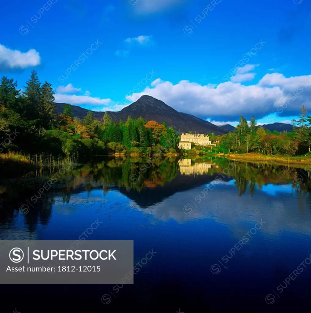 River In Front Of A Castle, Ballynahinch Castle, Twelve Pins, County Galway, Republic Of Ireland