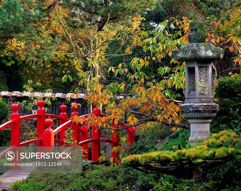 Red Bridge & Japanese Lantern, Autumn, Japanese Gardens, Co Kildare, Ireland
