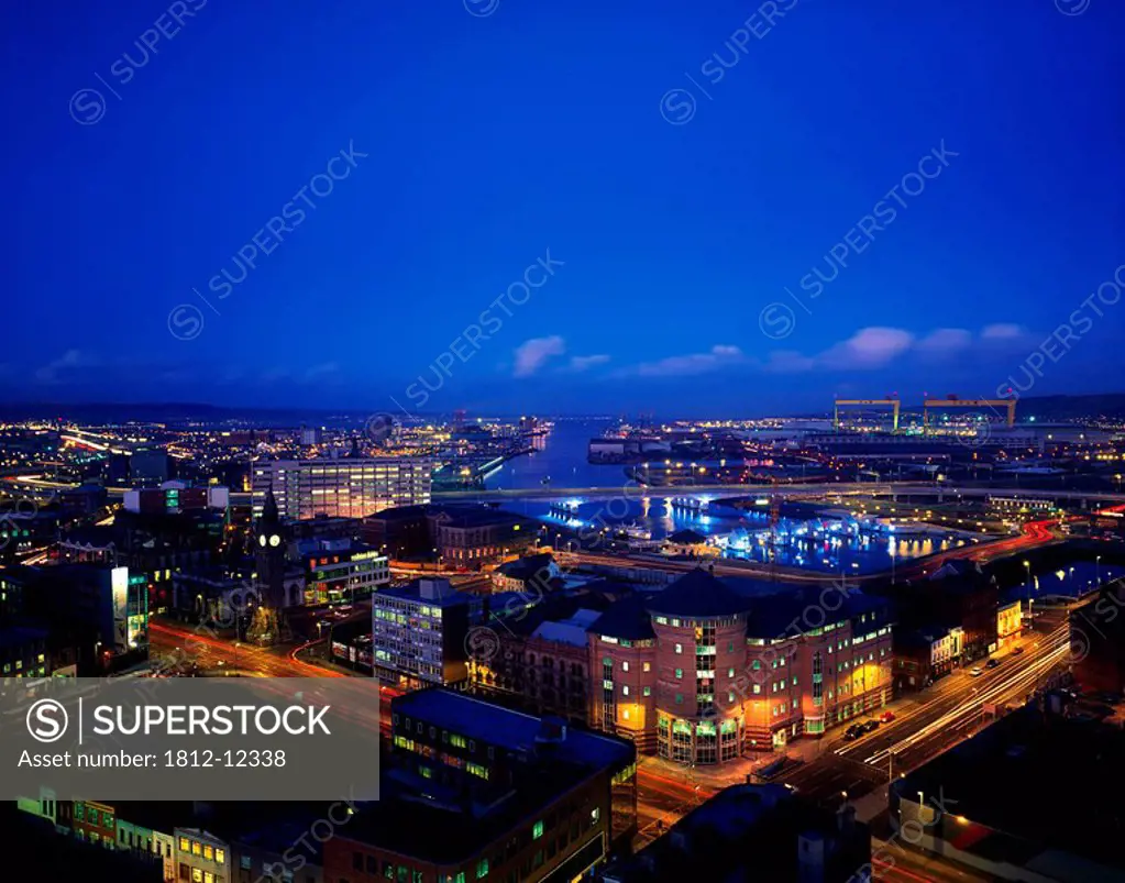 City Scape At Night, Belfast Lough & Docks, Co Antrim, Ireland