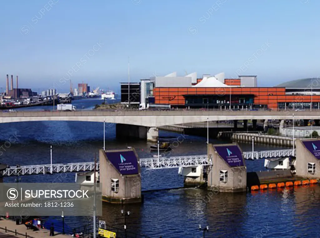 Lagan Weir and the Odyssey Arena, M3 Bridge, River Lagan, Laganside, Belfast, Ireland