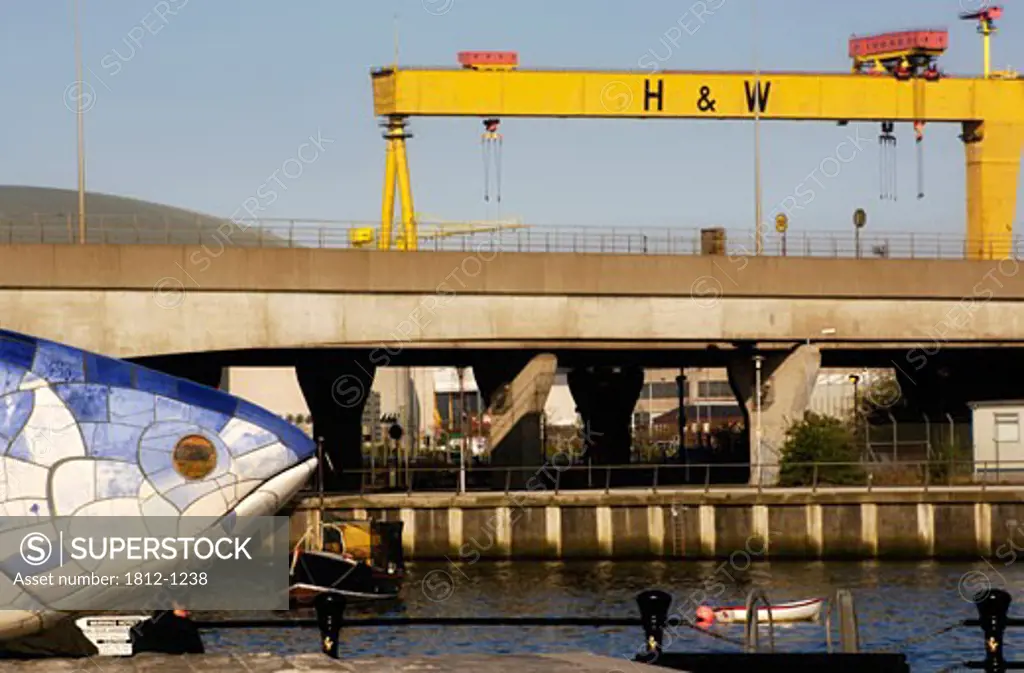 Lagan Weir, "The Big Fish", Samson and Goliath cranes on the River Lagan, Laganside, Belfast, Ireland
