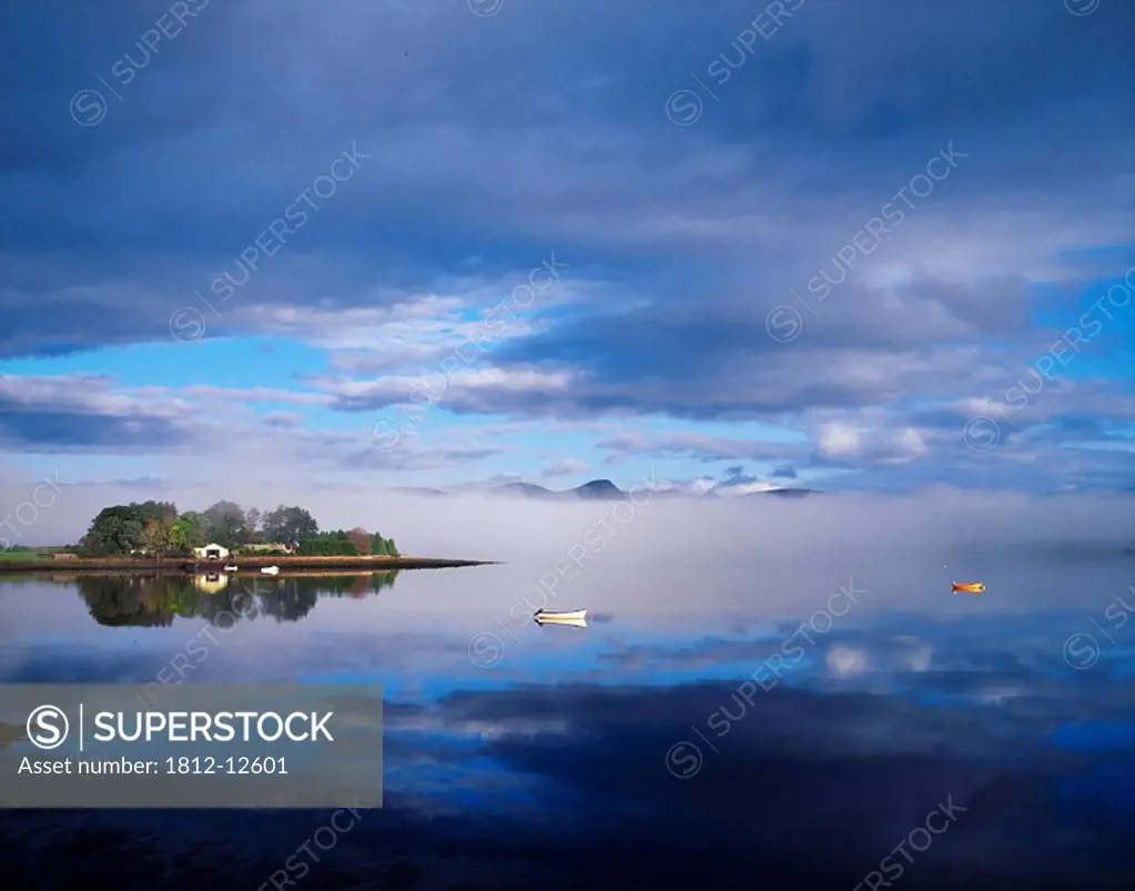 Dinish Island, Kenmare Bay, County Kerry, Ireland, River Scenic With Boats In The Distance