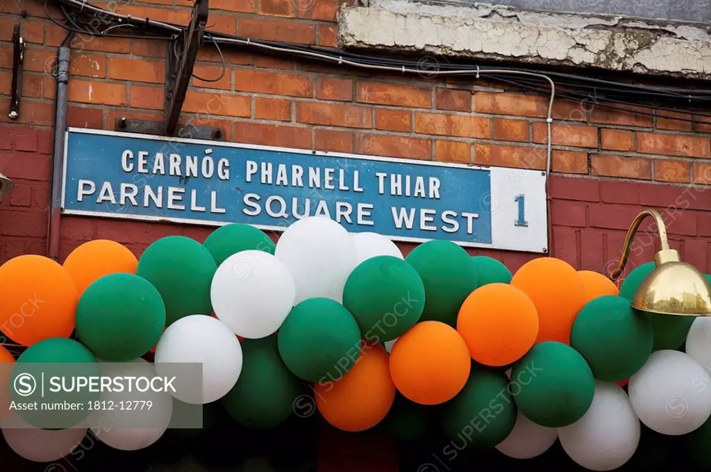 Dublin, Ireland, Balloons Decorating The Sign At Parnell Square West