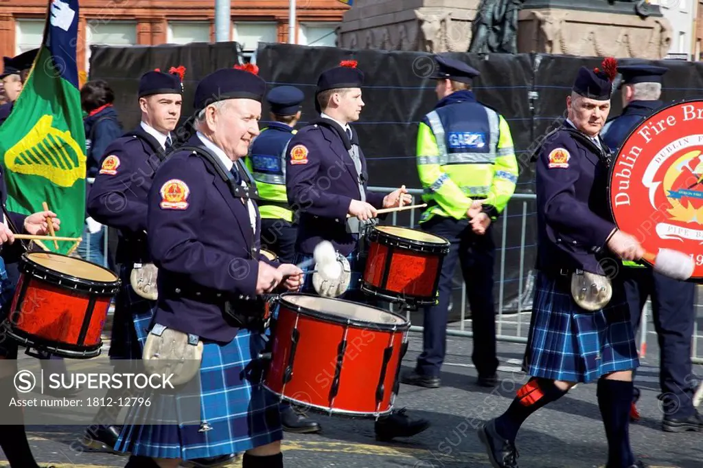 Dublin, Ireland, The Dublin Fire Brigade Pipe Band Playing Drums As They Go Down O´connell Street