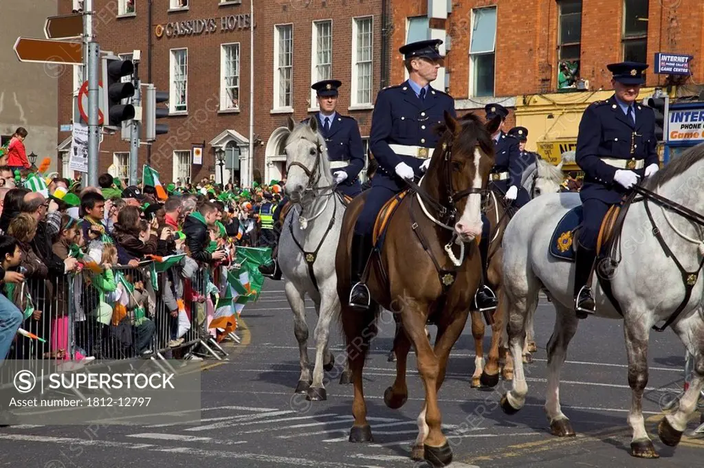Dublin, Ireland, Police Riding Horses As Part Of A Parade Going Down O´connell Street