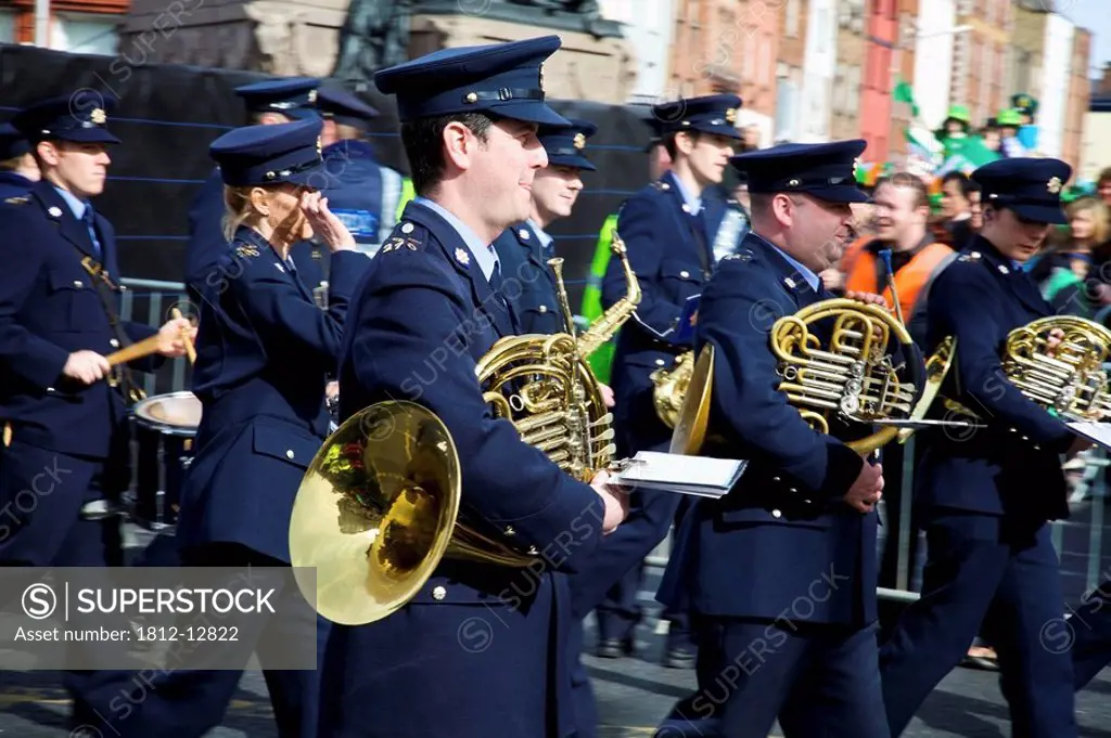 Dublin, ireland, a band in a parade walking down o´connell street