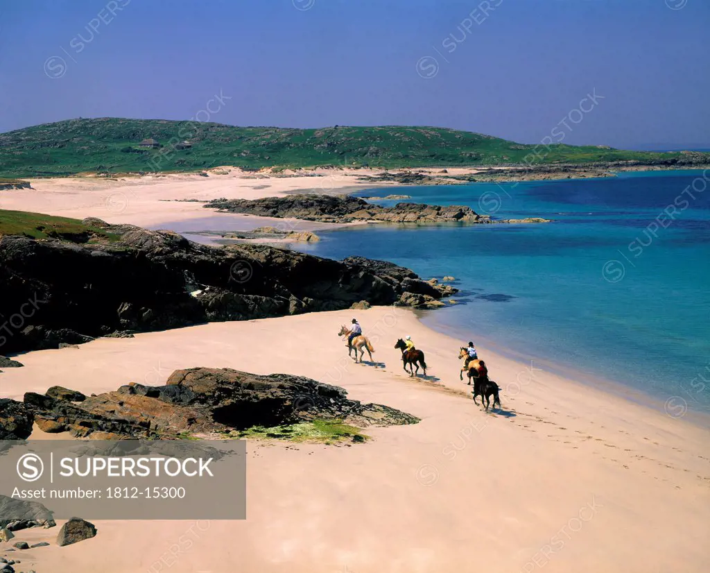 High Angle View Of Four People Horseback Riding On The Beach, Mannin Bay, Connemara, County Galway, Republic Of Ireland