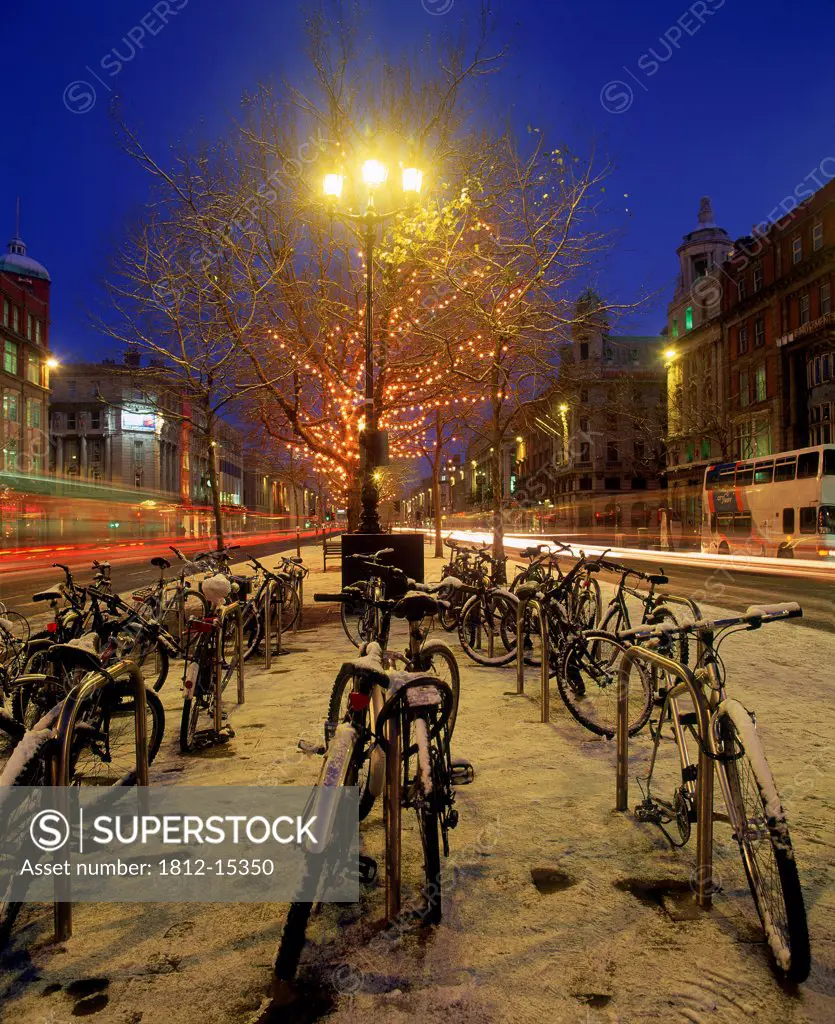 Bicycles Parked On The Street, O'connell Street, Dublin, Republic Of Ireland