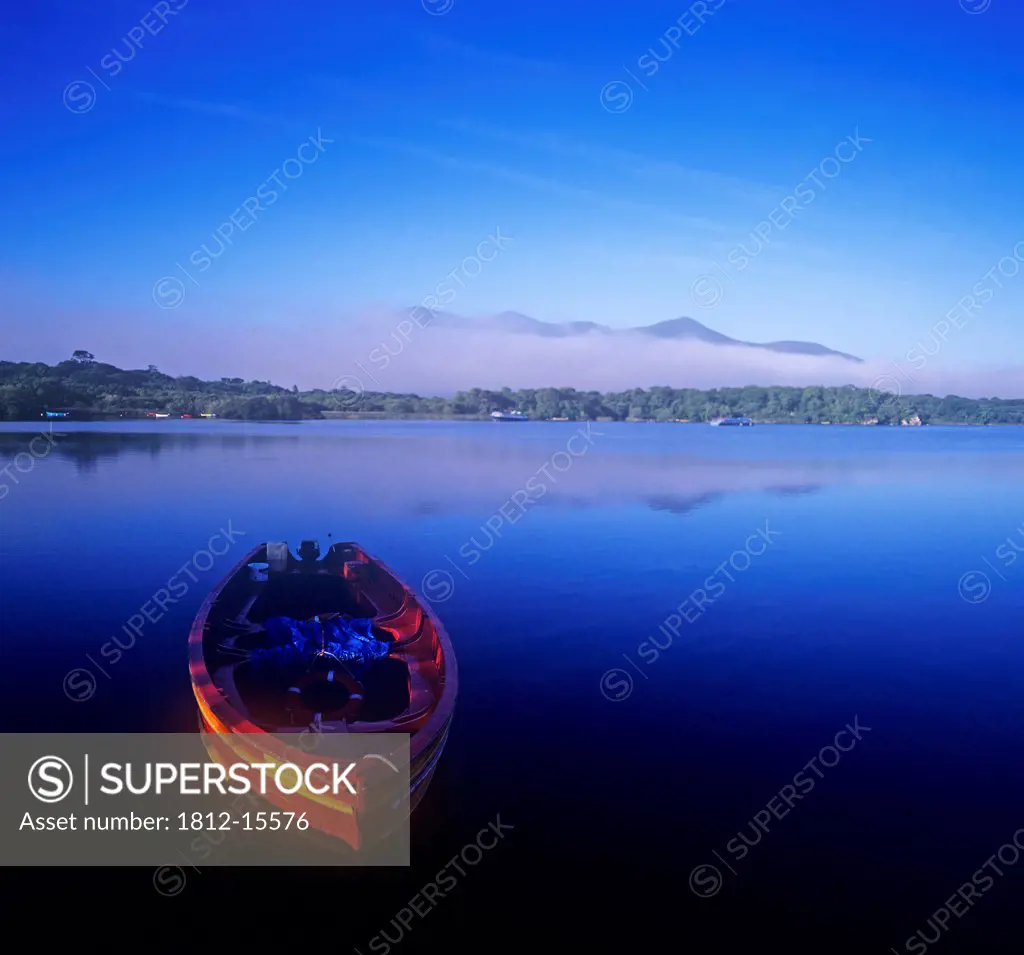 High Angle View Of A Boat Moored In The Lake, Lough Leane, Killarney, Republic Of Ireland