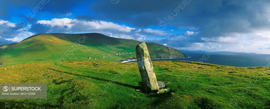 Stone On A Landscape, Ogham Stone, Dunmore Head, Dingle Peninsula, County Kerry, Republic Of Ireland