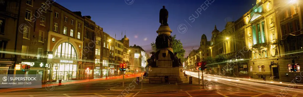 Statue Of A Man On A Pedestal On The Street At Dusk, O'connell Street, Dublin, Republic Of Ireland