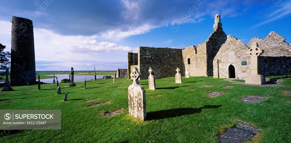 Cemetery In Front Of A Monastery, Clonmacnoise, County Offaly, Republic Of Ireland