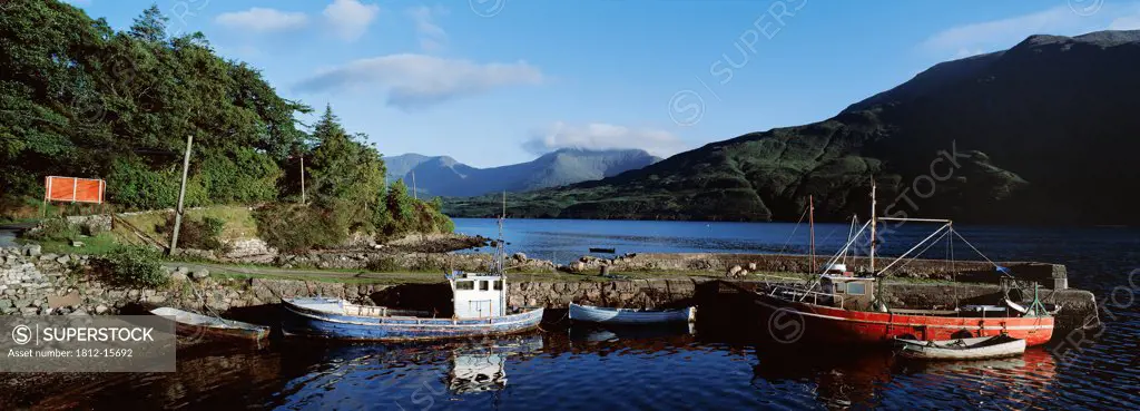 Fishing Boats Moored At A Harbor, Killary Harbor, County Galway, Republic Of Ireland