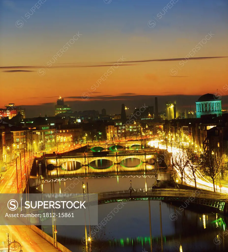 Dublin,Co Dublin,Ireland;View Of The River Liffey At Nighttime