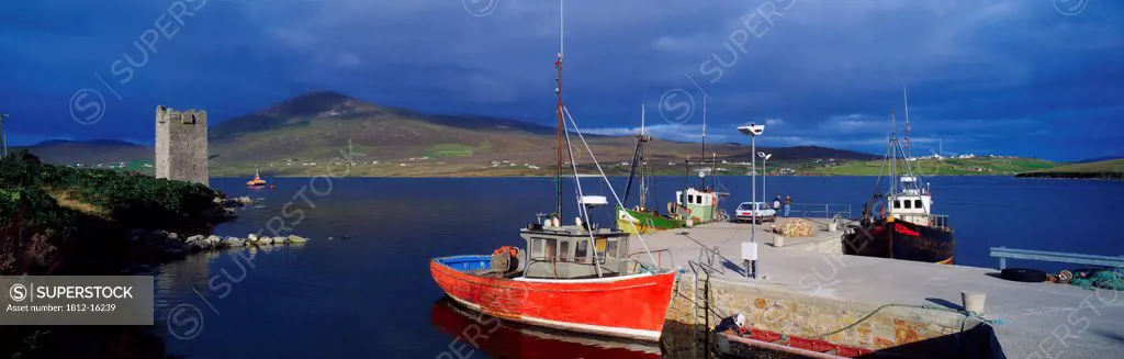 Harbour, With Grainuaille's Castle, Achill Island Co Mayo, Ireland