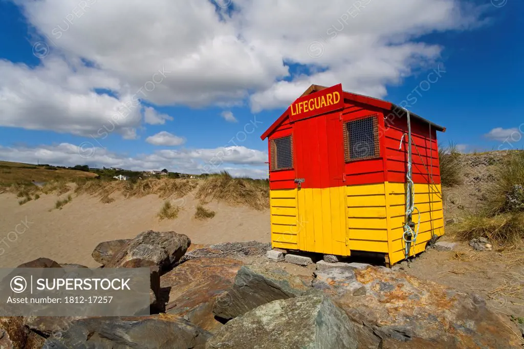 Bunmahon Beach, County Waterford, Ireland; Lifeguard Hut On Beach