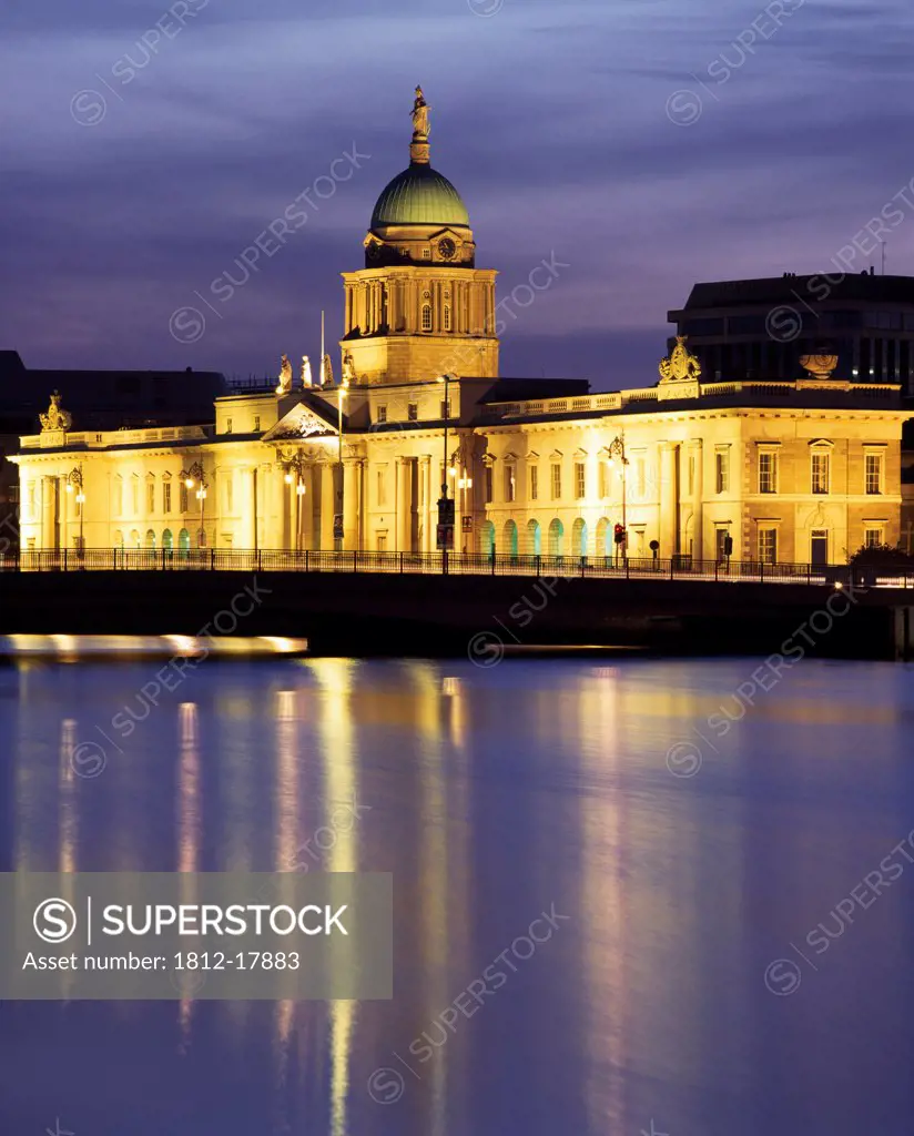 Dublin,Co Dublin,Ireland;Custom House On Liffey River Illuminated At Dusk