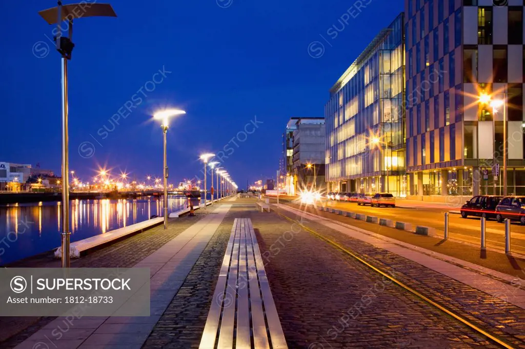 Dublin, Ireland; Dublin City Docklands Developments With The River Liffey After Sunset