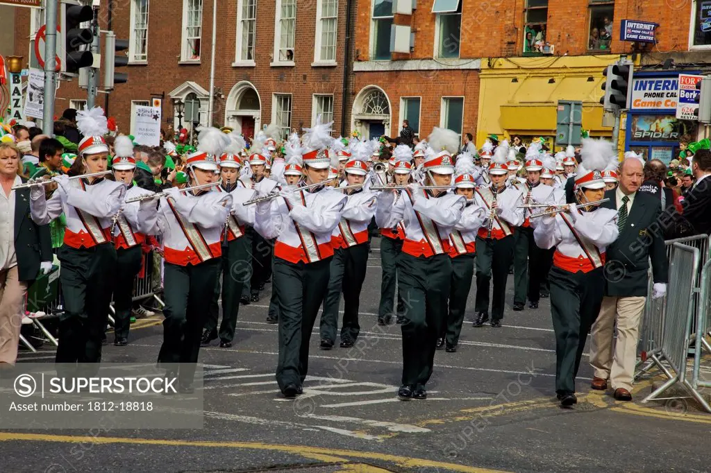 Dublin, Ireland; A Marching Band In A Parade On O'connell Street