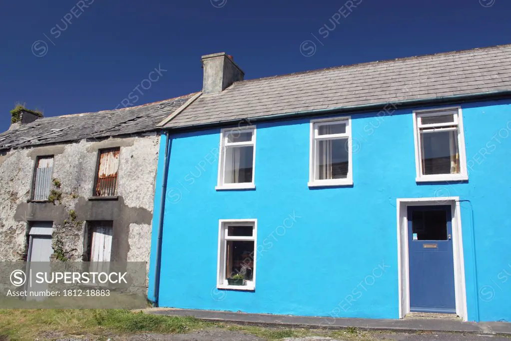 Blue House On The Beara Peninsula In Munster Region; Allihies Village, West Cork, Ireland