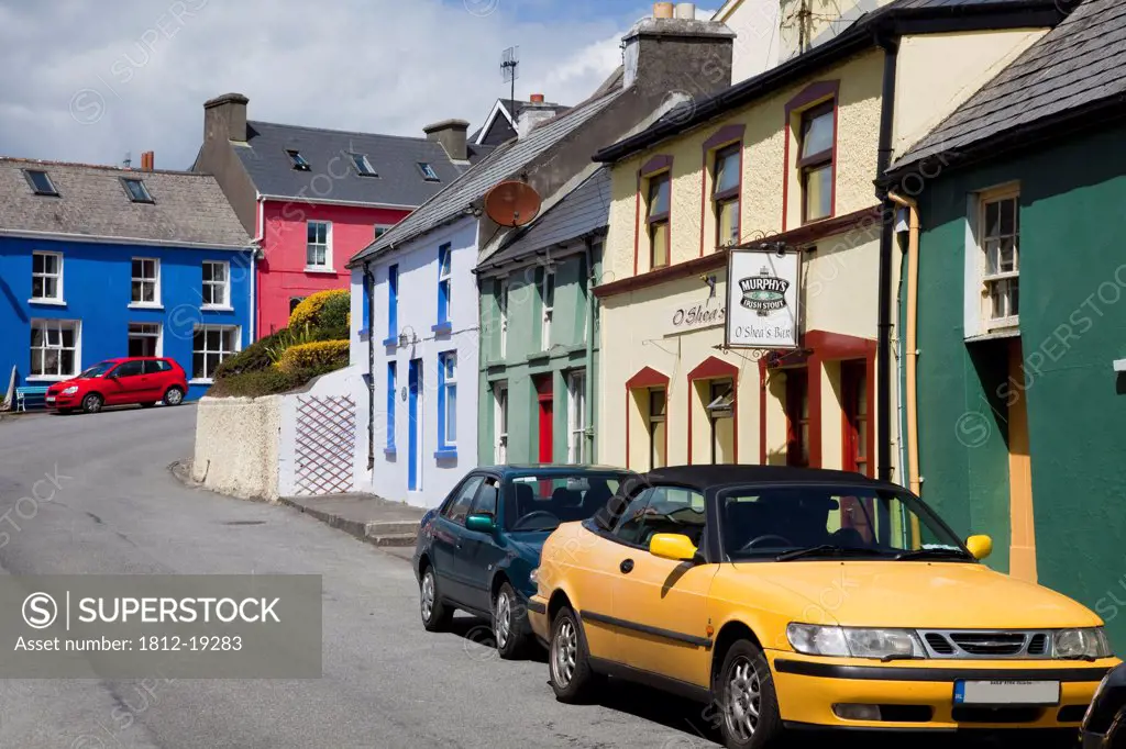 Cars Parked On Village Street; Eyeries, County Cork, Ireland