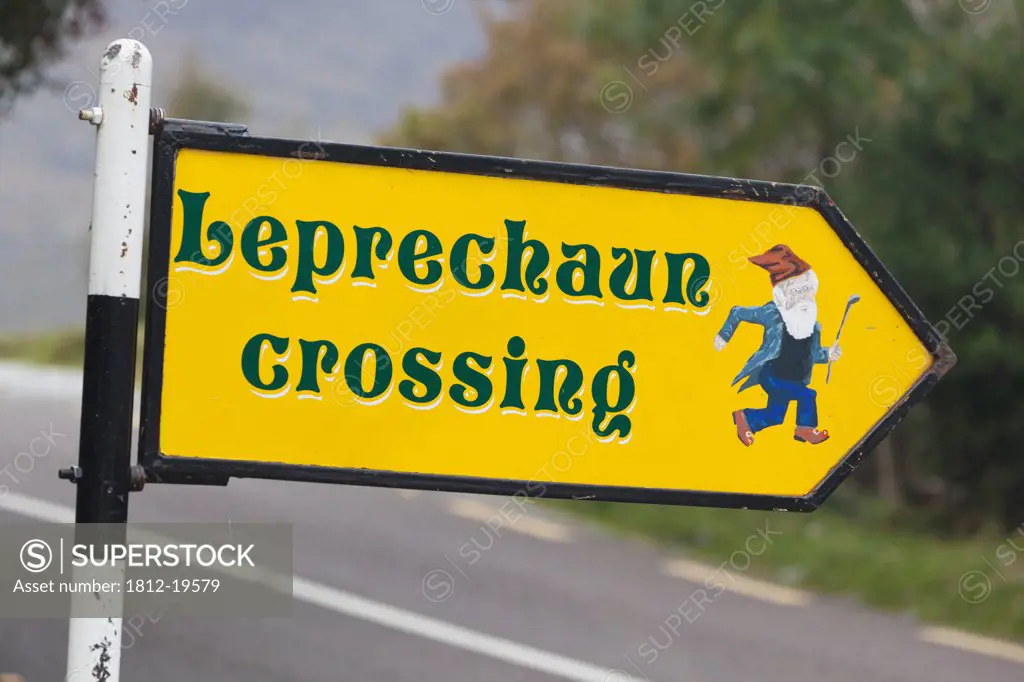 Leprechaun Crossing Sign Post At Ladies View In Molls Gap Killarney National Park; County Kerry Republic Of Ireland