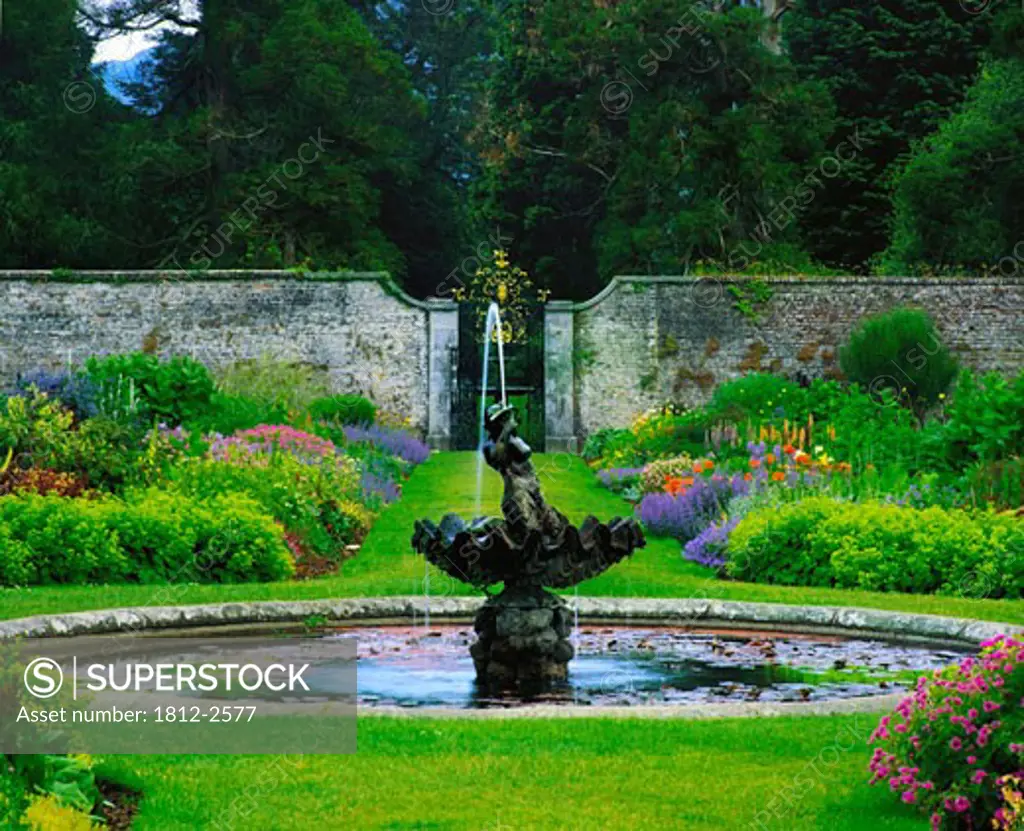 Fountain & Double Herbaceous Border, Powerscourt Gardens, Co Wicklow, Ireland