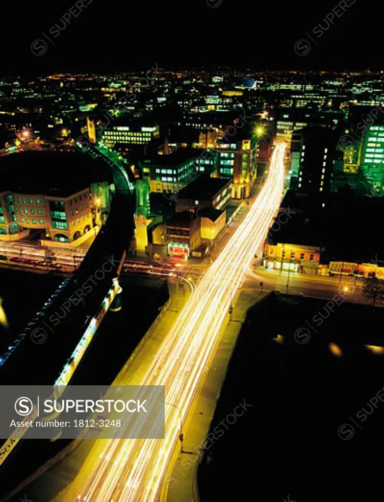 Dublin City-Aerial View, Tara Street Bridge And DART, Station At Night