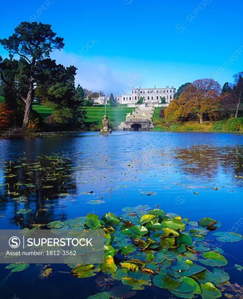 Powerscourt Gardens Co Wicklow, Mareman Fountain in the Pool, And The House          Autumn