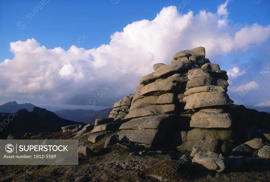 Slieve Binnian, County Down, Ireland; Summit of mountain with stone structure