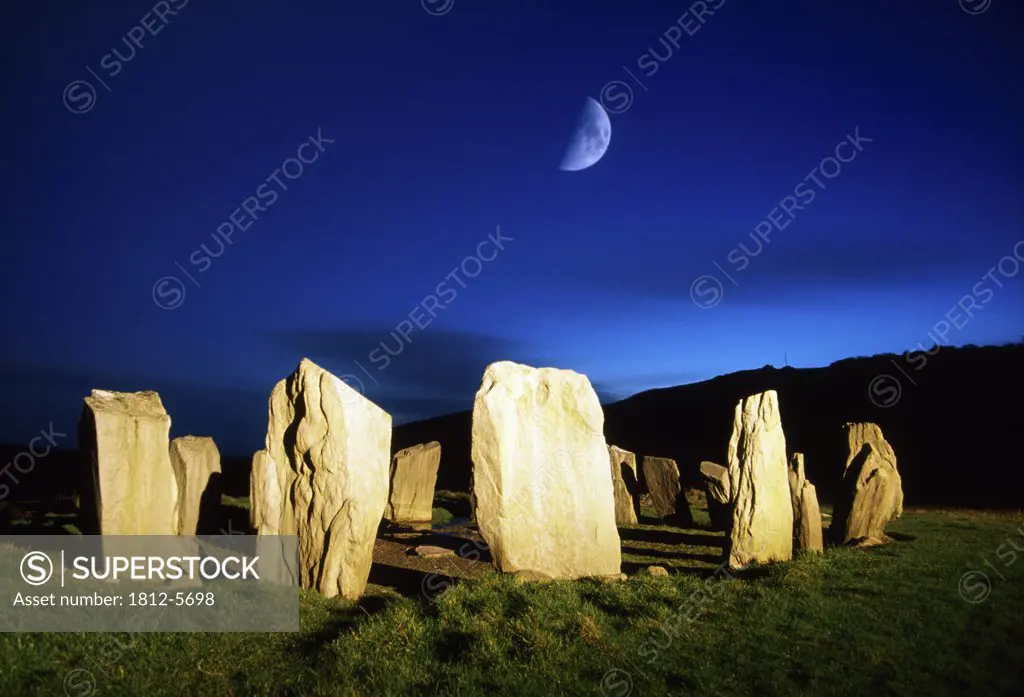 Drombeg, County Cork, Ireland; Moon over stone circle