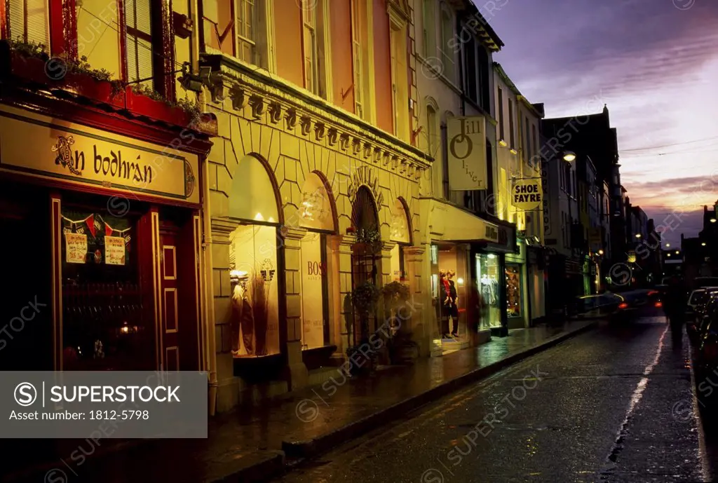 Oliver Plunkett Street, Cork City, County Cork, Ireland; Streetscape at dusk