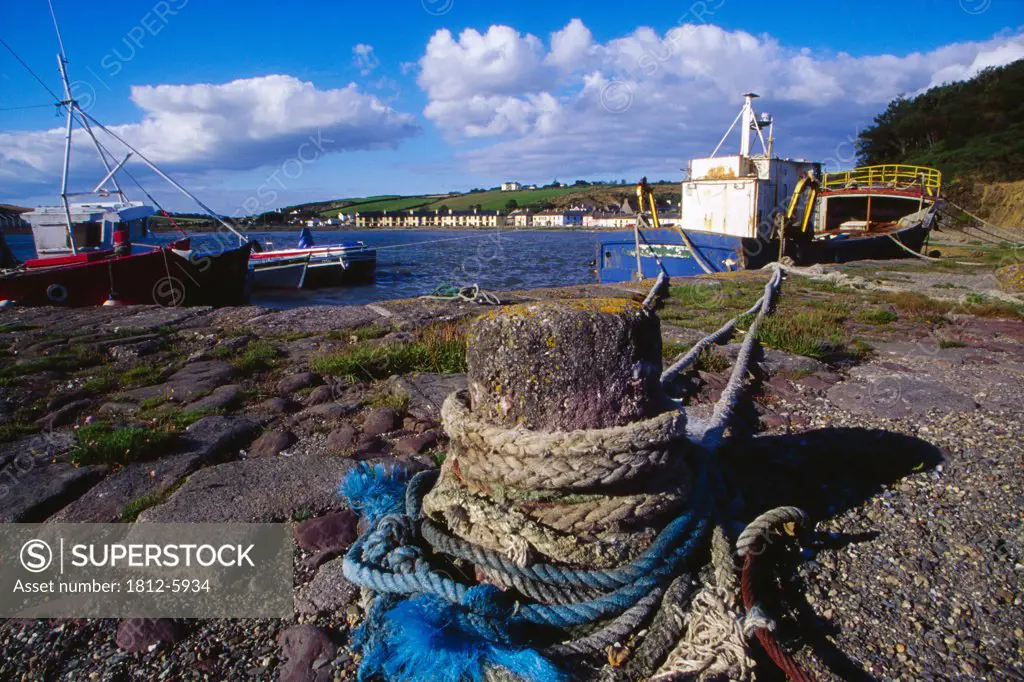 Arthurstown Pier, County Wexford, Ireland; Boats tied with rope