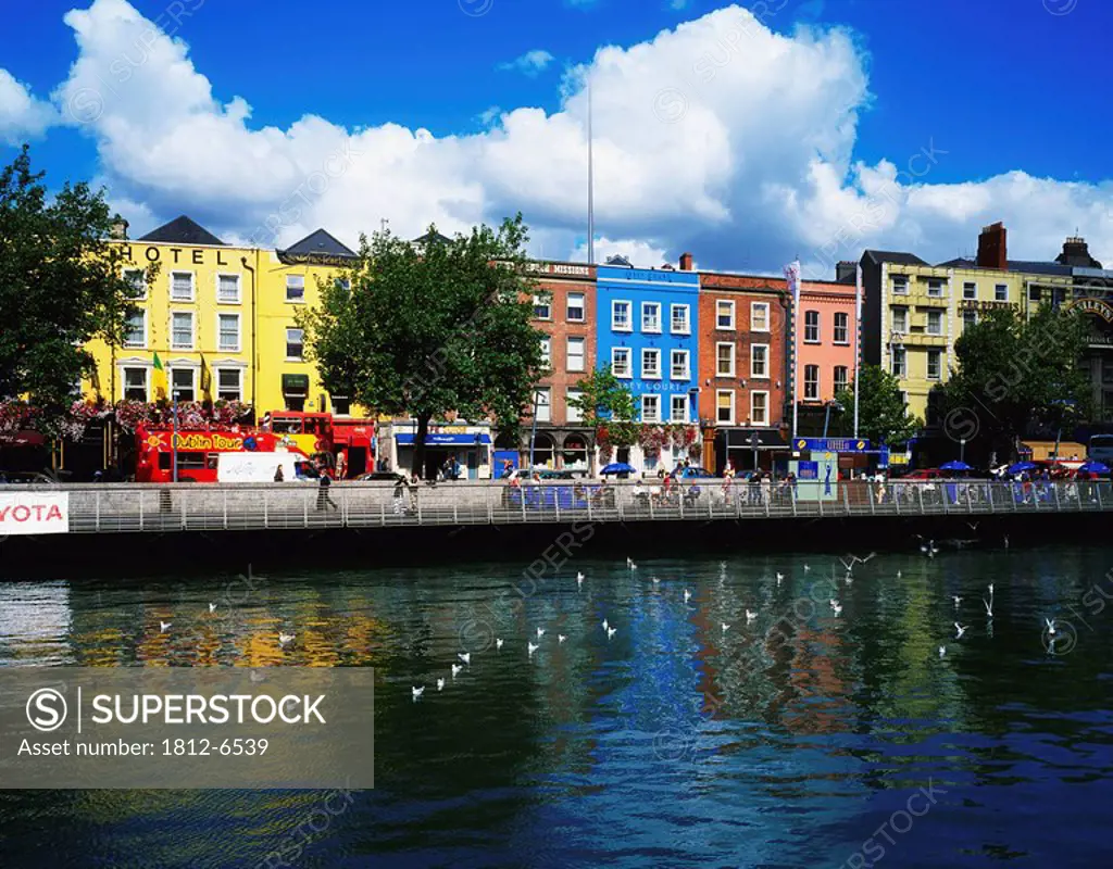 River Liffey, Dublin, Ireland, Bachelors Quay and Boardwalk reflected in the Liffey