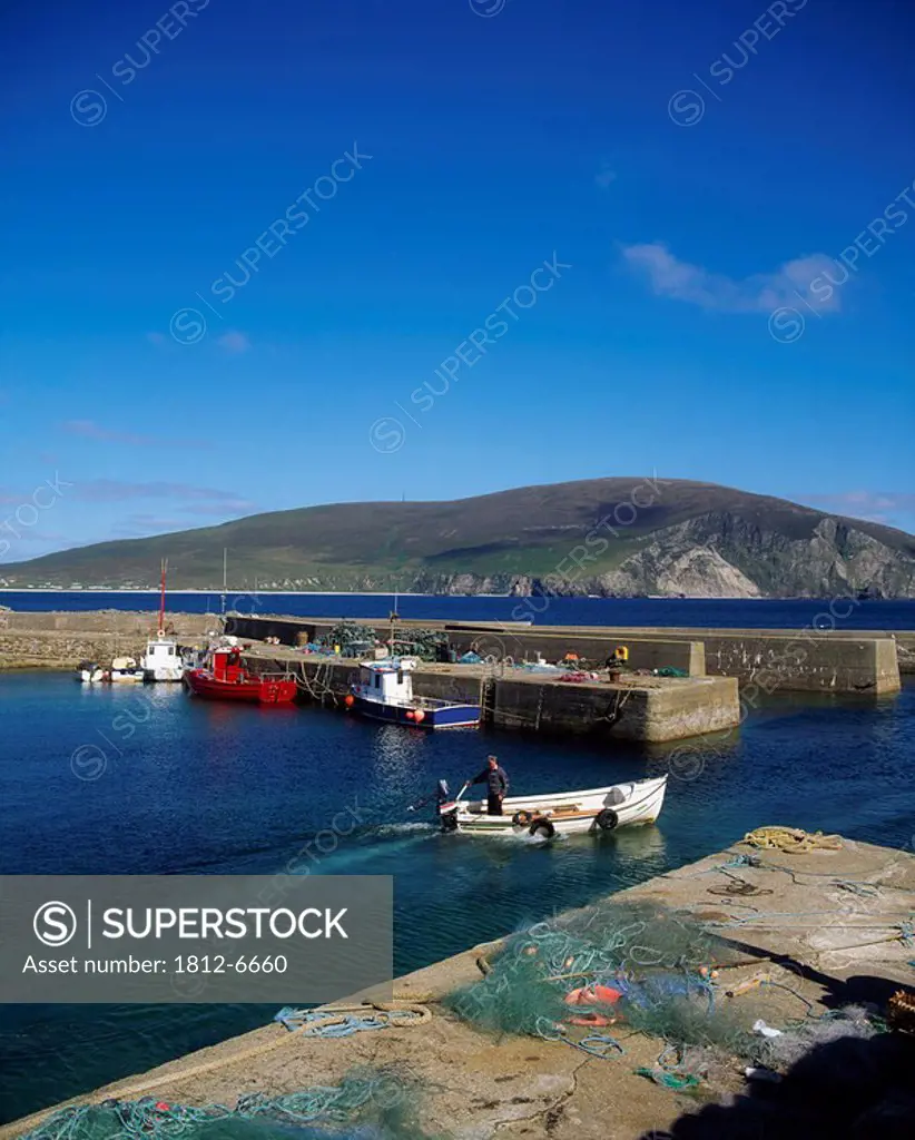 Porteen Harbour, Near Keel, Achill Island, Co Mayo, Ireland, Menawn Cliffs in the background