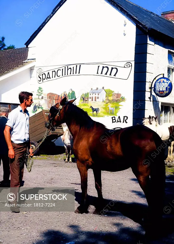 Spancilhill Horse Fair, Co Clare, Ireland, Traditional horse fair with an Inn and pub in the background