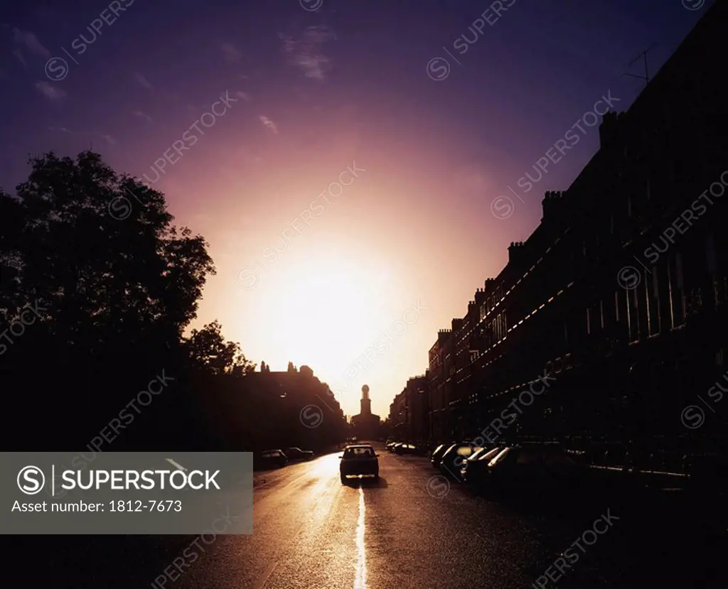 Merrion Square, Dublin City, Ireland, Sunrise against city streetscape